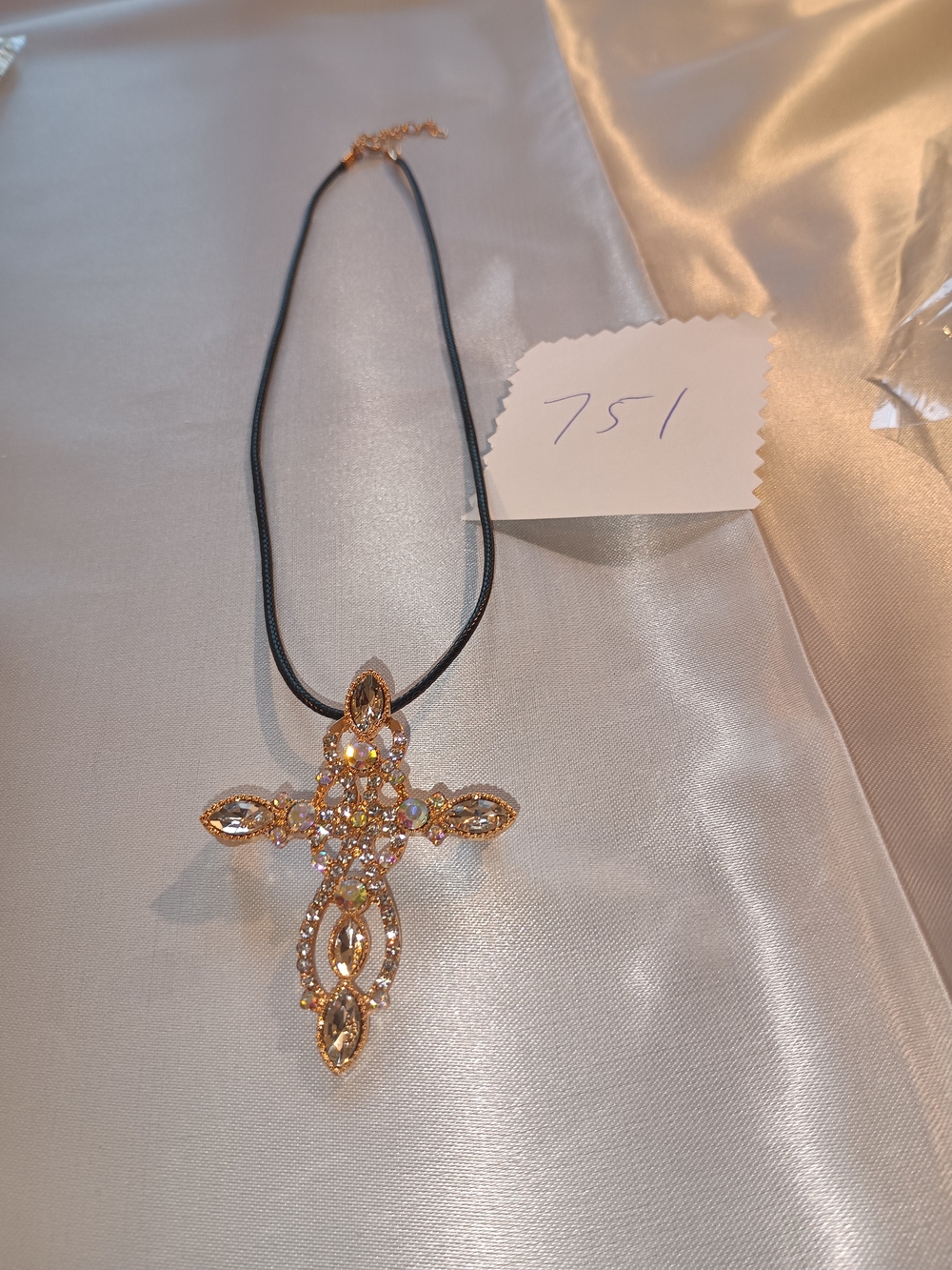 Gold Crystal Cross Pendant Necklace - Black Cord